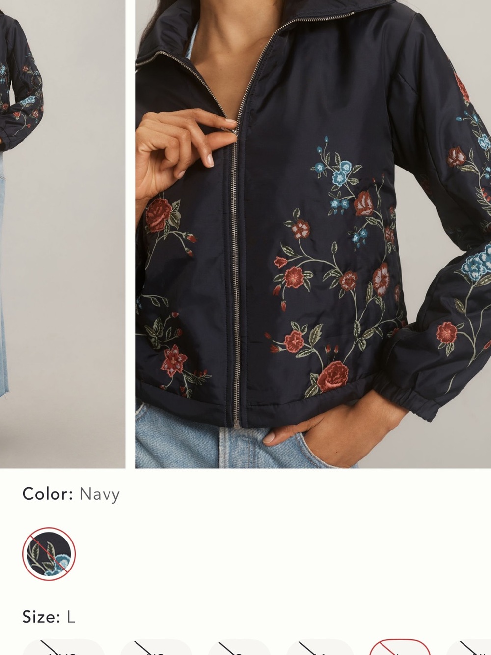 Anthropologie Navy Floral Embroidered Bomber Jacket